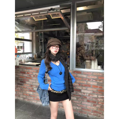 美式辣妹藍色麻花V領毛衣女秋冬2025新款內搭針織打底衫修身上衣 美式辣妹藍色麻花V領毛衣女秋冬2025新款內搭針織打底衫修身上衣