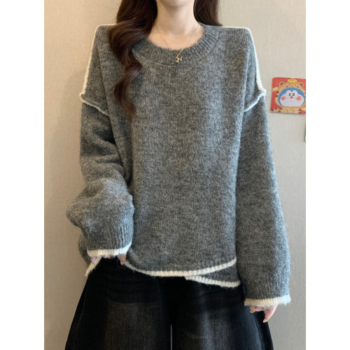 寬松慵懶灰色毛衣女裝秋冬2025新款大碼胖mm高級不規則針織衫上衣 寬松慵懶灰色毛衣女裝秋冬2025新款大碼胖mm高級不規則針織衫上衣