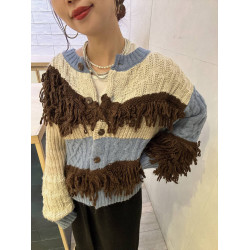 L 秋冬新款   拼色不規則流蘇單排釦圓領寬松長袖毛衣外套女