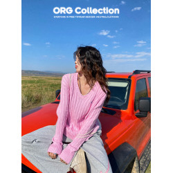 ORG Collection韓系V領麻花毛衣針織衫秋冬女寬松百搭長袖上衣