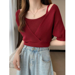 小衆假兩件洋氣收腰短袖針織衫女裝2025夏季新款修身短款打底上衣