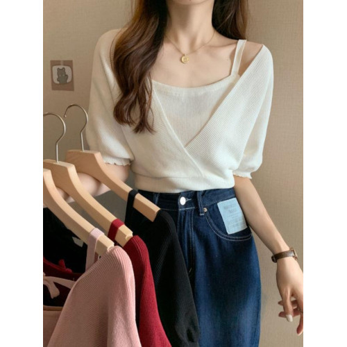 小衆假兩件洋氣收腰短袖針織衫女裝2025夏季新款修身短款打底上衣