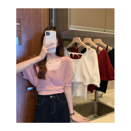 小衆假兩件洋氣收腰短袖針織衫女裝2025夏季新款修身短款打底上衣