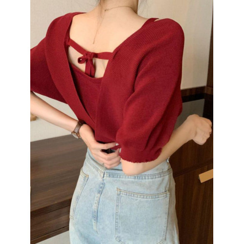 小衆假兩件洋氣收腰短袖針織衫女裝2025夏季新款修身短款打底上衣