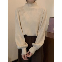 拉夏貝爾半高領長袖針織毛衣女2025新款秋冬白色內搭寬鬆打底上衣