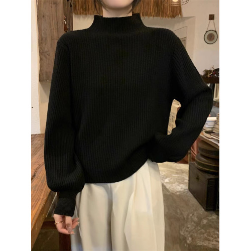 拉夏貝爾半高領長袖針織毛衣女2025新款秋冬白色內搭寬鬆打底上衣