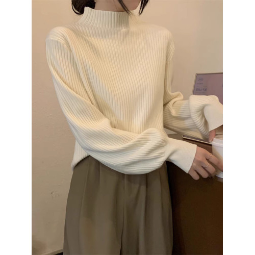 拉夏貝爾半高領長袖針織毛衣女2025新款秋冬白色內搭寬鬆打底上衣