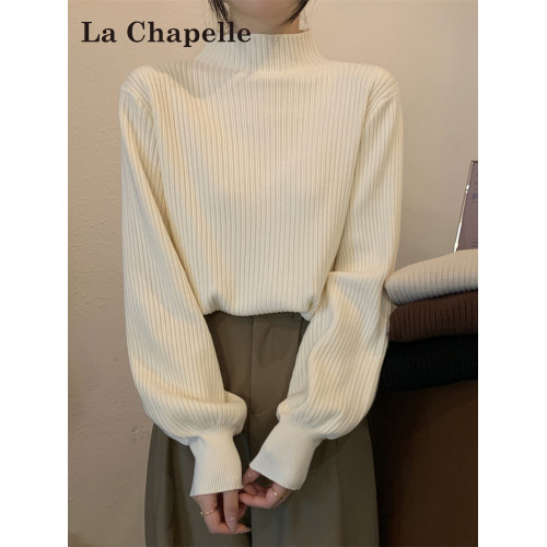 拉夏貝爾半高領長袖針織毛衣女2025新款秋冬白色內搭寬鬆打底上衣