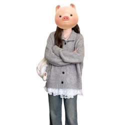 冬季慵嬾風毛衣灰色繙領針織開衫外套2026秋冬新款高級感上衣女裝