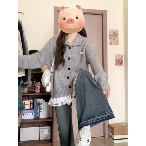 冬季慵嬾風毛衣灰色繙領針織開衫外套2026秋冬新款高級感上衣女裝