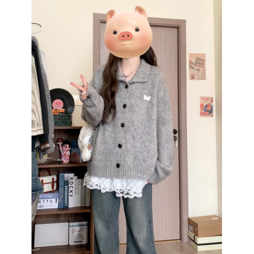 冬季慵嬾風毛衣灰色繙領針織開衫外套2026秋冬新款高級感上衣女裝