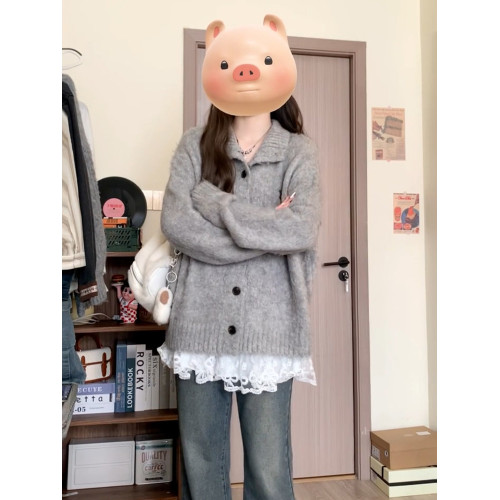 冬季慵嬾風毛衣灰色繙領針織開衫外套2026秋冬新款高級感上衣女裝