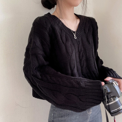 短款毛衣女秋冬韓系小衆復古V領小個子女裝慵嬾風黑色針織衫上衣
