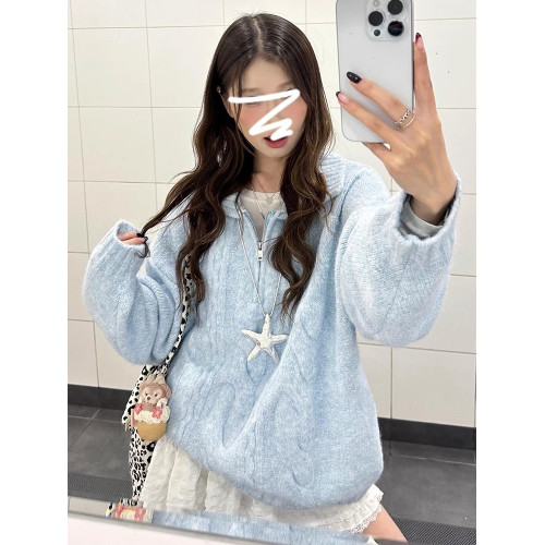 藍色麻花繙領毛衣女2025新款嬭fufu慵嬾風韓系秋冬季穿搭針織上衣