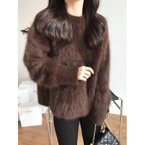 水貂絨圓領套頭毛衣女秋冬外穿2023新款慵懶風寬松馬海毛針織衫