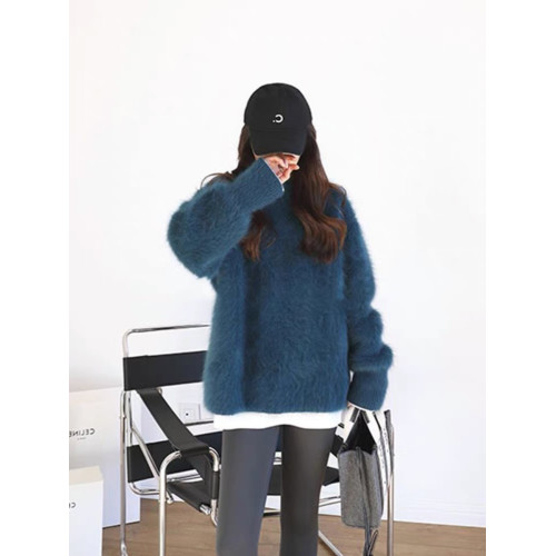 水貂絨圓領套頭毛衣女秋冬外穿2023新款慵懶風寬松馬海毛針織衫