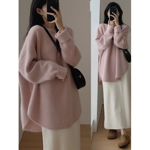 浣熊絨毛衣女秋冬季中長款日系慵懶復古風開叉套頭加厚外穿針織衫