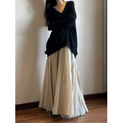 讀衣術初秋薄款鏤空針織衫 慵懶風松弛感毛衣黑色寬松遮屁股上衣