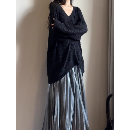 讀衣術初秋薄款鏤空針織衫 慵懶風松弛感毛衣黑色寬松遮屁股上衣