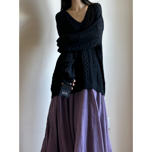 讀衣術初秋薄款鏤空針織衫 慵懶風松弛感毛衣黑色寬松遮屁股上衣