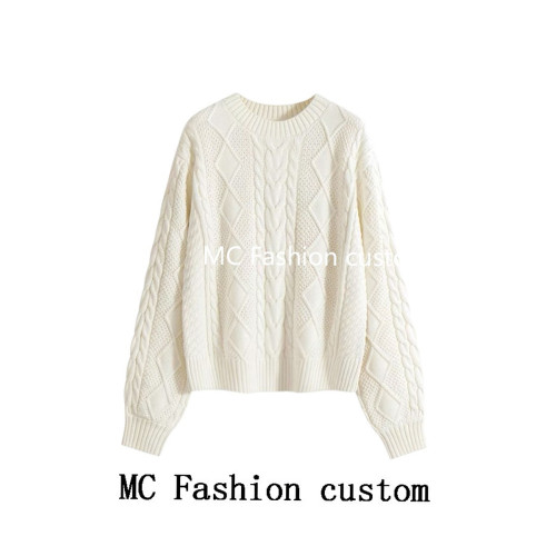 品牌折釦麻花圓領毛衣女秋冬2025新款慵懶風寬松套頭加厚針織外穿