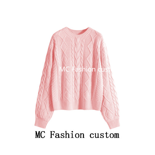 品牌折釦麻花圓領毛衣女秋冬2025新款慵懶風寬松套頭加厚針織外穿