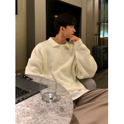 重磅Polo領針織衫男秋季港風復古純色翻領毛衣慵懶風休閒百搭線衣