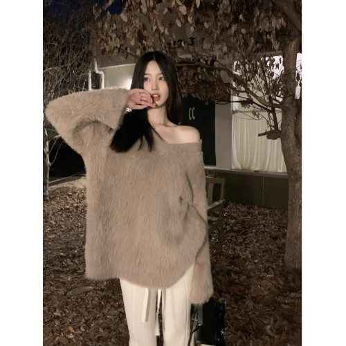 慵懶感仿貂毛V領長袖毛衣女裝秋冬2025新款套頭寬松時尚百搭上衣 慵懶感仿貂毛V領長袖毛衣女裝秋冬2025新款套頭寬松時尚百搭上衣