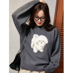 大人氣 限定款 F 秋冬新款 毛絨絨狗狗圖案 圓領套頭長袖毛衣女