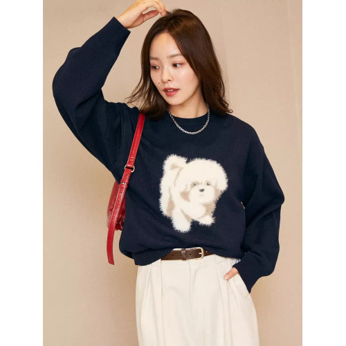 大人氣 限定款 F 秋冬新款 毛絨絨狗狗圖案 圓領套頭長袖毛衣女