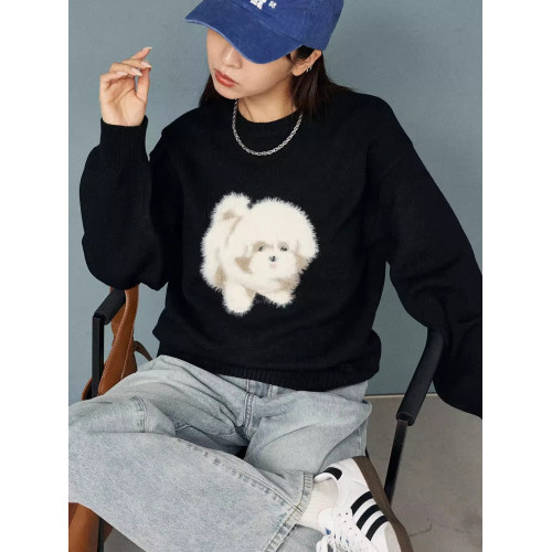 大人氣 限定款 F 秋冬新款 毛絨絨狗狗圖案 圓領套頭長袖毛衣女