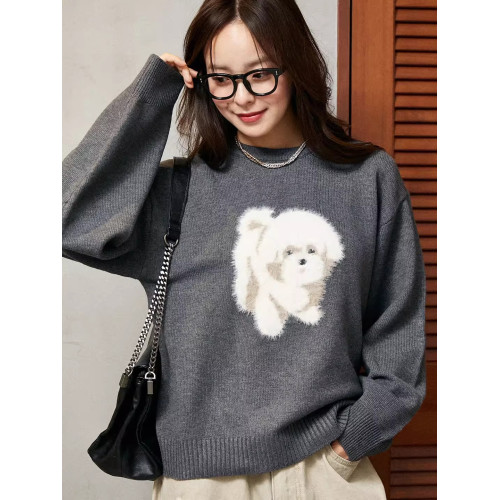 大人氣 限定款 F 秋冬新款 毛絨絨狗狗圖案 圓領套頭長袖毛衣女