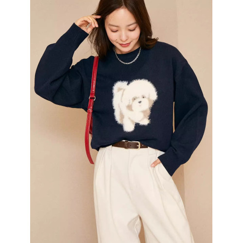 大人氣 限定款 F 秋冬新款 毛絨絨狗狗圖案 圓領套頭長袖毛衣女