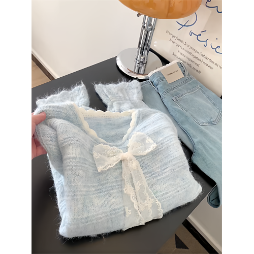 法式高級感蕾絲拼接蝴蝶結系帶毛衣女秋冬溫柔氣質V領針織衫上衣 法式高級感蕾絲拼接蝴蝶結系帶毛衣女秋冬溫柔氣質V領針織衫上衣