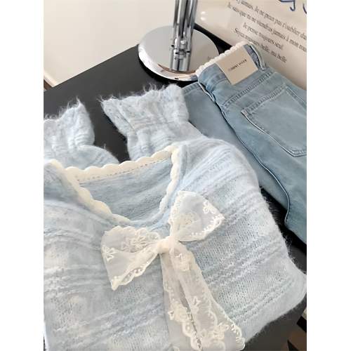 法式高級感蕾絲拼接蝴蝶結系帶毛衣女秋冬溫柔氣質V領針織衫上衣 法式高級感蕾絲拼接蝴蝶結系帶毛衣女秋冬溫柔氣質V領針織衫上衣