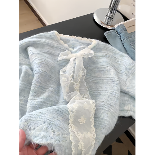 法式高級感蕾絲拼接蝴蝶結系帶毛衣女秋冬溫柔氣質V領針織衫上衣 法式高級感蕾絲拼接蝴蝶結系帶毛衣女秋冬溫柔氣質V領針織衫上衣
