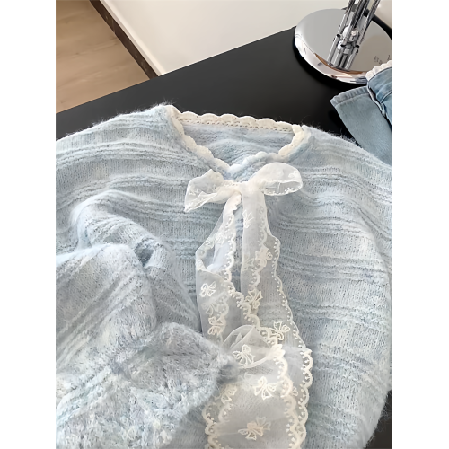 法式高級感蕾絲拼接蝴蝶結系帶毛衣女秋冬溫柔氣質V領針織衫上衣 法式高級感蕾絲拼接蝴蝶結系帶毛衣女秋冬溫柔氣質V領針織衫上衣
