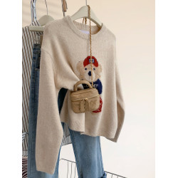 小熊刺綉浣熊絨圓領套頭毛衣女秋冬2025新款寬松慵懶風打底針織衫