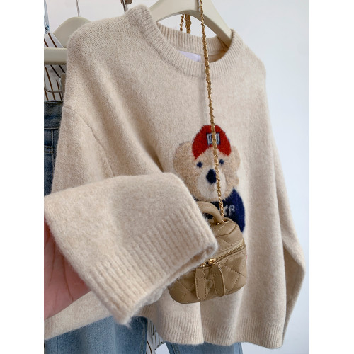 小熊刺綉浣熊絨圓領套頭毛衣女秋冬2025新款寬松慵懶風打底針織衫