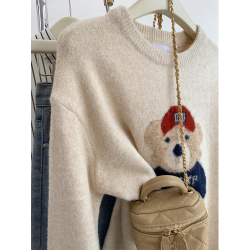 小熊刺綉浣熊絨圓領套頭毛衣女秋冬2025新款寬松慵懶風打底針織衫