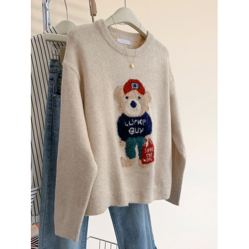 小熊刺綉浣熊絨圓領套頭毛衣女秋冬2025新款寬松慵懶風打底針織衫