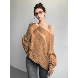 斜領露肩鏤空條紋蝙蝠袖長袖針織衫女2025秋季慵懶休閒韓系上衣