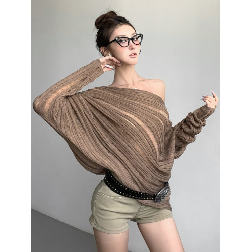 斜領露肩鏤空條紋蝙蝠袖長袖針織衫女2025秋季慵懶休閒韓系上衣