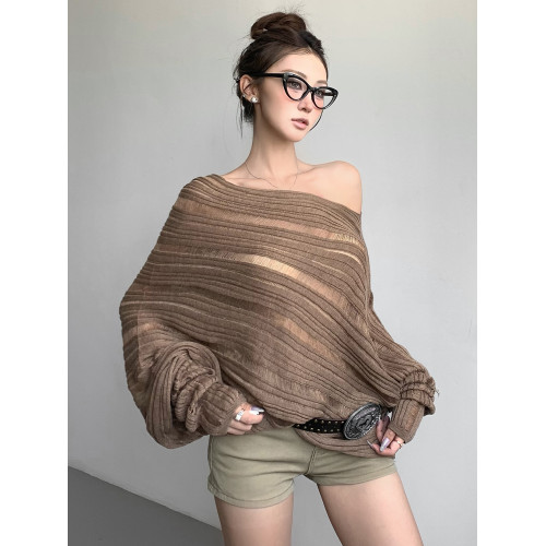 斜領露肩鏤空條紋蝙蝠袖長袖針織衫女2025秋季慵懶休閒韓系上衣