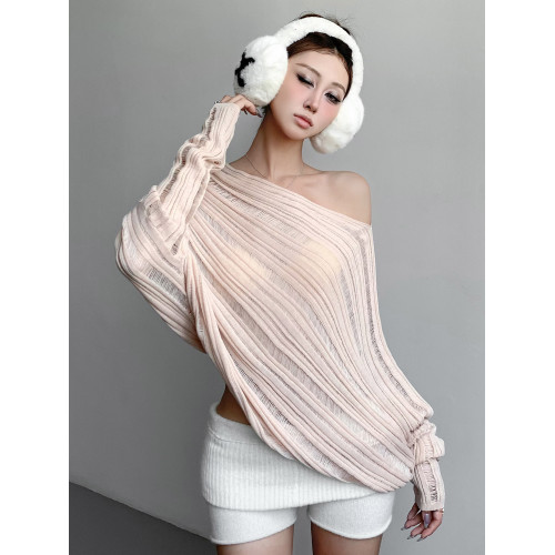 斜領露肩鏤空條紋蝙蝠袖長袖針織衫女2025秋季慵懶休閒韓系上衣