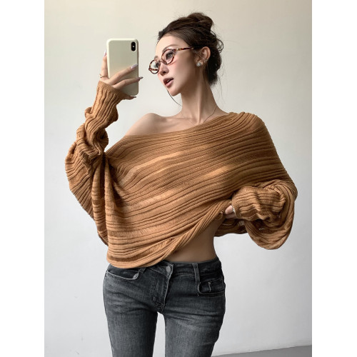 斜領露肩鏤空條紋蝙蝠袖長袖針織衫女2025秋季慵懶休閒韓系上衣