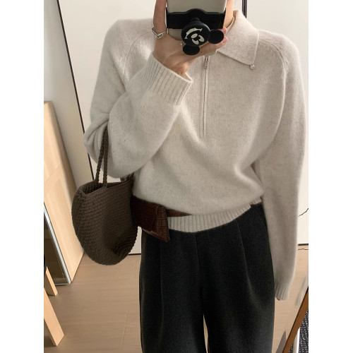 秋冬簡約半拉鍊polo翻領灰色浣熊絨毛衣女內搭針織衫加厚羊毛外穿 秋冬簡約半拉鍊polo翻領灰色浣熊絨毛衣女內搭針織衫加厚羊毛外穿