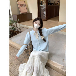 PPHOME甜美蝴蝶結長袖針織開衫毛衣女秋冬白色半身長裙溫柔風套裝