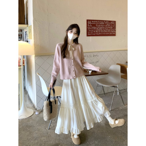 PPHOME甜美蝴蝶結長袖針織開衫毛衣女秋冬白色半身長裙溫柔風套裝 PPHOME甜美蝴蝶結長袖針織開衫毛衣女秋冬白色半身長裙溫柔風套裝