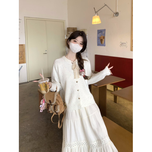 PPHOME甜美蝴蝶結長袖針織開衫毛衣女秋冬白色半身長裙溫柔風套裝 PPHOME甜美蝴蝶結長袖針織開衫毛衣女秋冬白色半身長裙溫柔風套裝
